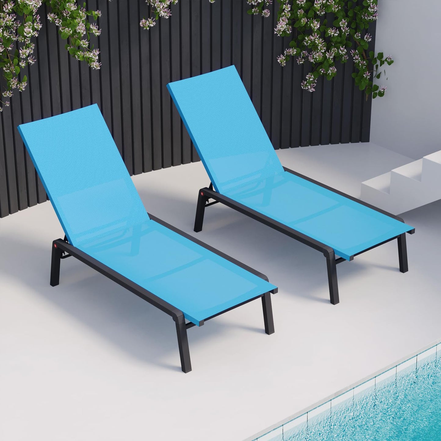 FHVIT Patio Chaise Lounge Set of 2 with 4 Adjustable Backrest, Foldable Aluminum Chaise Lounge Chair Recliner for Outdoor, Poolside, Sun Tanning Blue