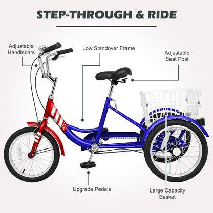 H&ZT Adult Tricycle, 3 Wheeled Bike, Trike Cruiser Bike, with 7-Speed Gear, Parking Brake Handle, Low Step, Large Rear Basket, Elderly Friendly, for Men, Women, and Teens