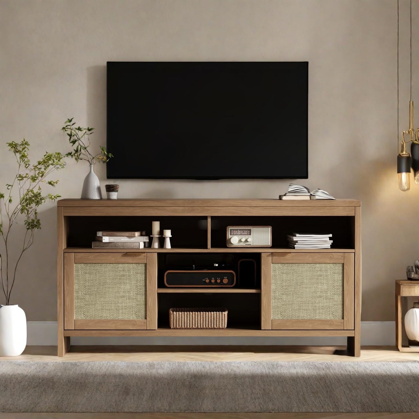 GarveeHome Boho TV Stand for TV Up to 65 in,58" Modern Rattan Entertainment Center with Storage and Adjustable Shelves,Wooden TV Console Cabinet with Doors for Living Room/Bedroom/Farmhouse(Brown)