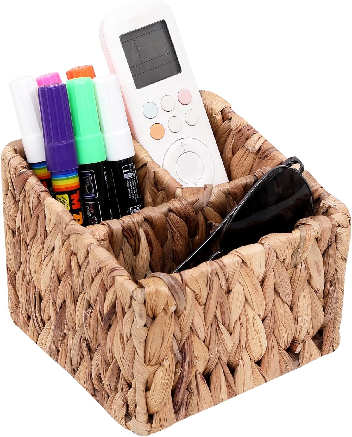Wicker Remote Control Holder, Hand Woven Desk Organizer with 3 Compartments for Desktop Storage