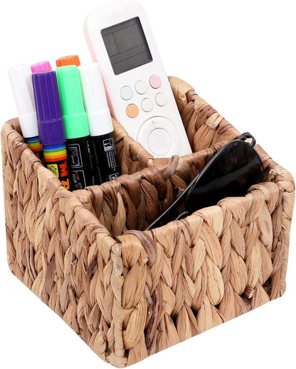 Wicker Remote Control Holder, Hand Woven Desk Organizer with 3 Compartments for Desktop Storage