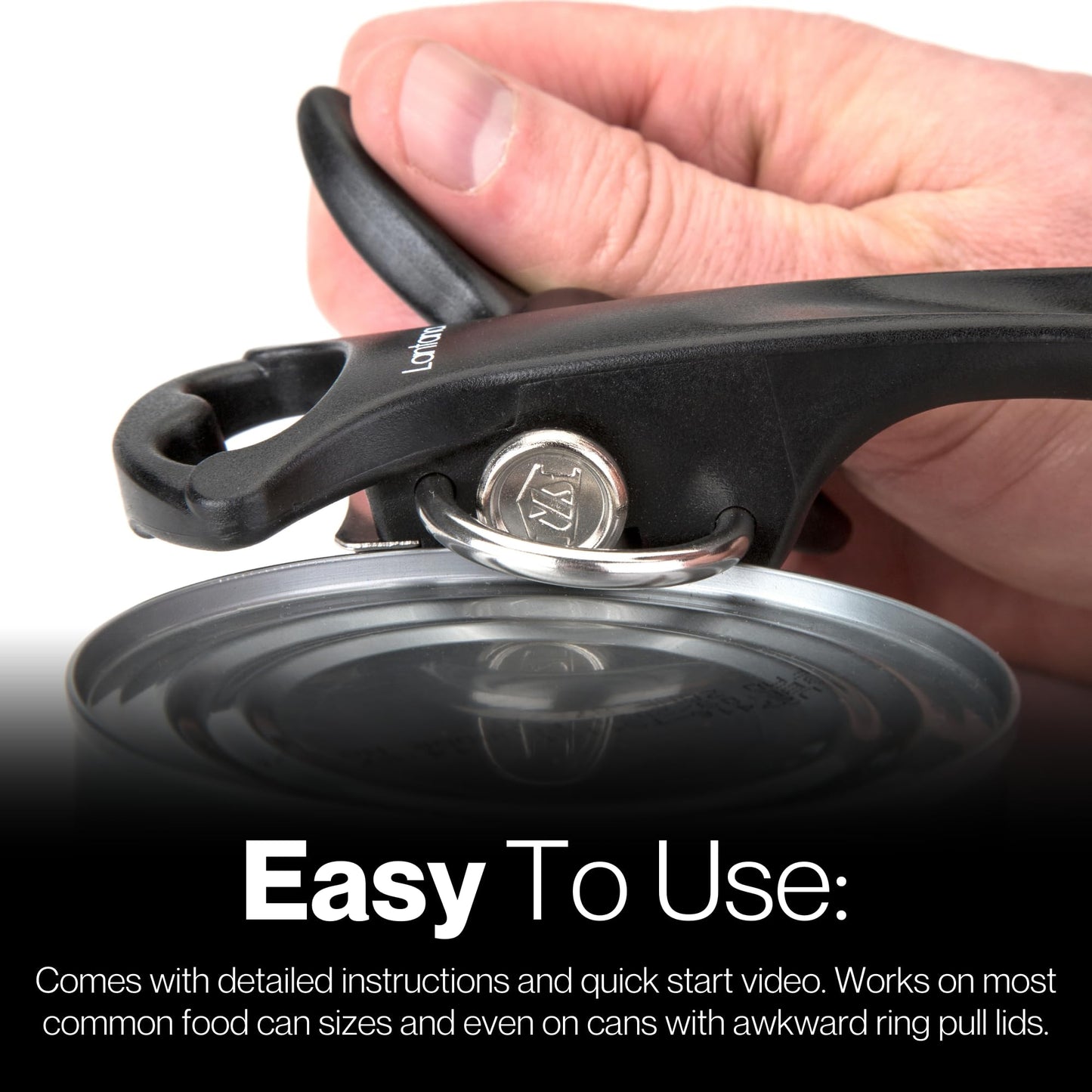Lantana Smooth Edge Can Opener with Bottle Cap Lifter - Hand Held Manual Safety Tin Opener - Black/Stainless Steel