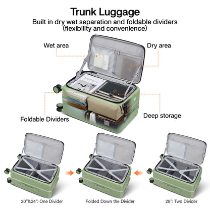 Hanke 28 Inch Checked Luggage with Cup Holder and USB Ports, Top Opening Hard Shell Suitcase with Wheels, Aluminum Frame Large Trunk Luggage with Foldable Divider & TSA Lock for Travel, Bamboo Green