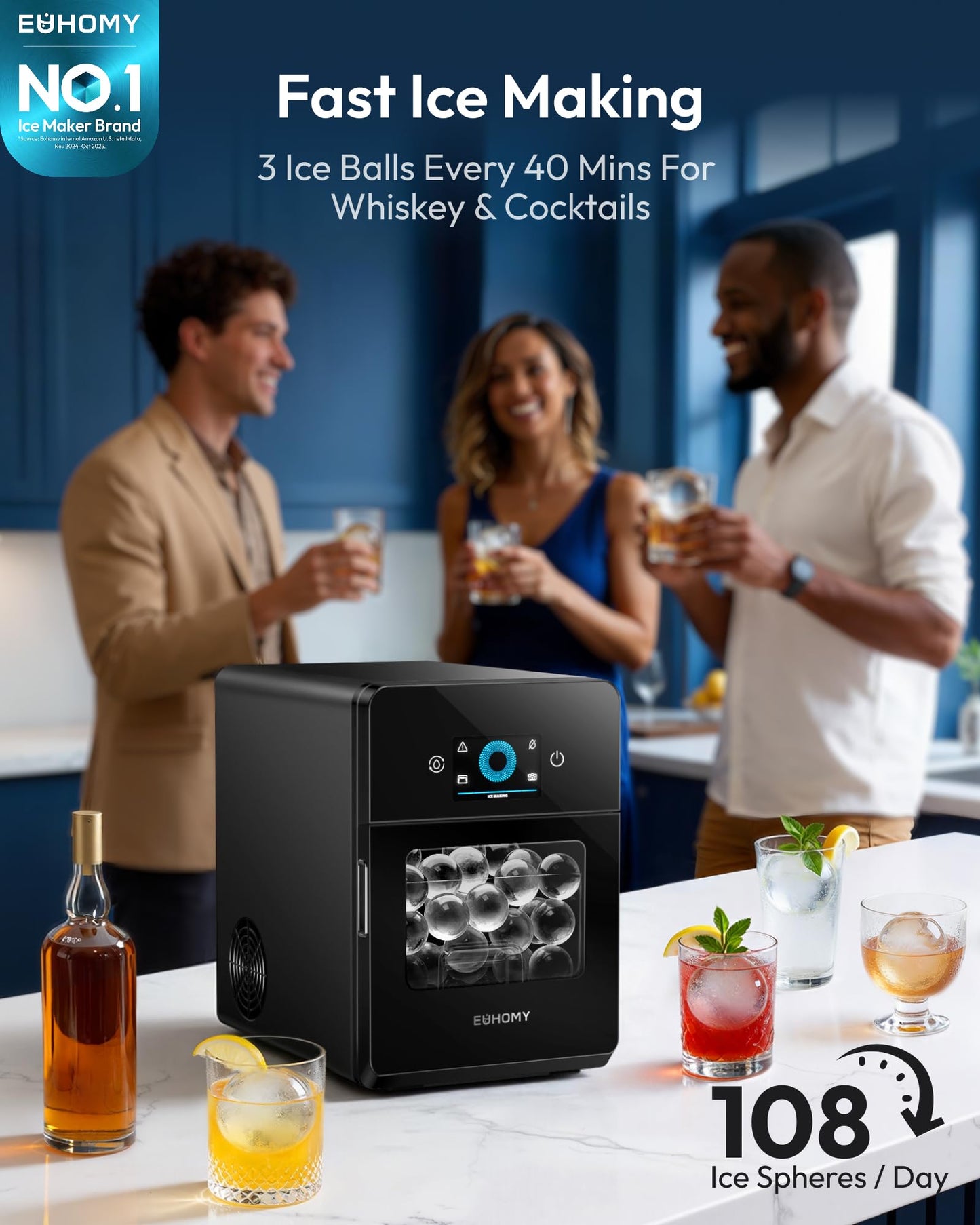 EUHOMY 2.4" Ice Ball Maker Countertop, 3Pcs Ready in 40Mins, 108Pcs/Day, Self-Cleaning Sphere Ice Maker Machine with Crystal Clear Ice, Round Ice Cube Maker for Whiskey & Bourbon
