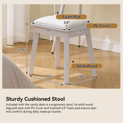 Merax Makeup Vanity Desk with Mirror and Lights, Vanity Table and Stool Set with Drawer & Movable Side Cabinet, White Dressing Table for Bedroom with LED Mirror Stepless Dimmable & 3 Color Modes