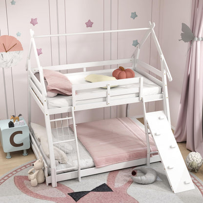 KOMFOTT Wood Twin Over Queen House Bunk Bed, Playhouse Floor Low Bunk Bed with Climbing Nets & Ramp, Space Saving Solid Wood Bunk Bed Frame with Safety Guardrails, Not Box Spring Required (White)