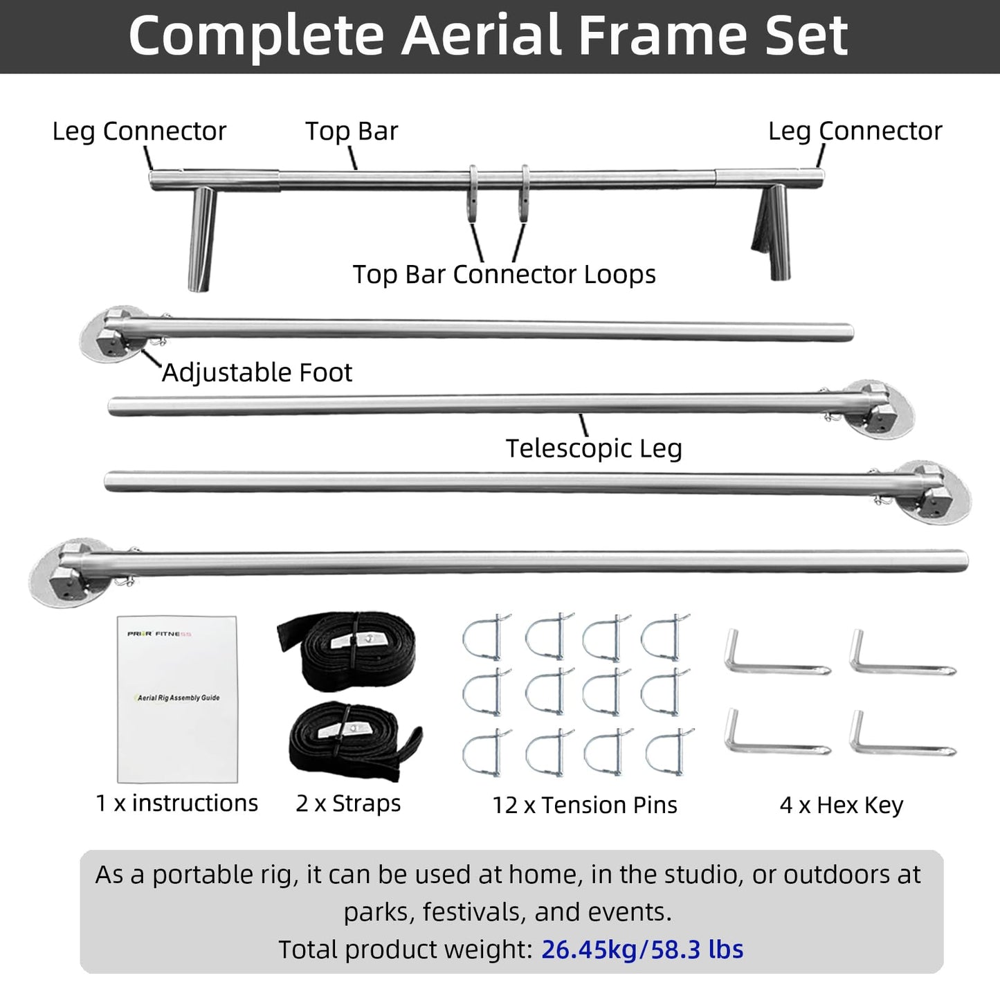 PRIOR FITNESS Aerial A-Frame Rig - 730kg/1610 lbs Capacity Yoga Stand for Hammocks/Silks/Hoops, Portable Adjustable 5-11ft (10 Heights), CE & SGS Certified, Easy Install