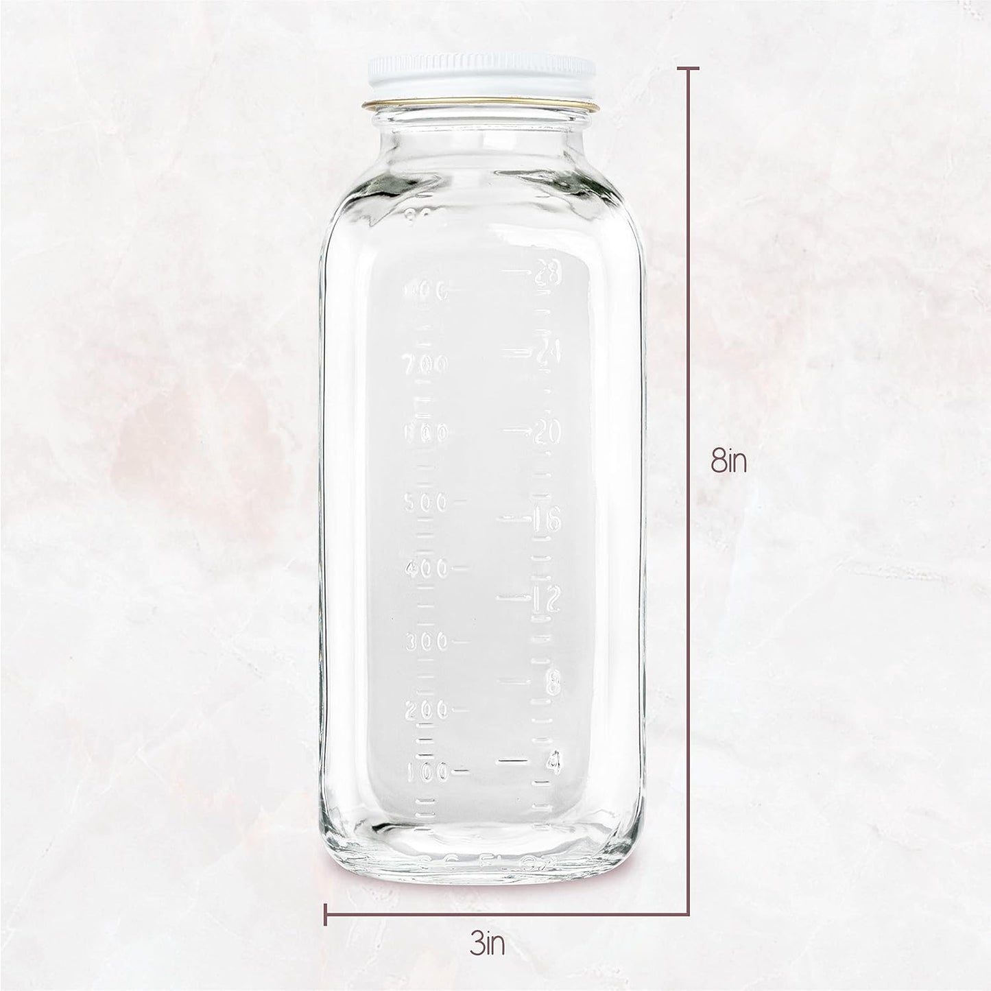 32oz kitchentoolz Square Glass Milk Bottle with White Metal Airtight Lids - Vintage Reusable Milk Jugs - Dairy Drinking