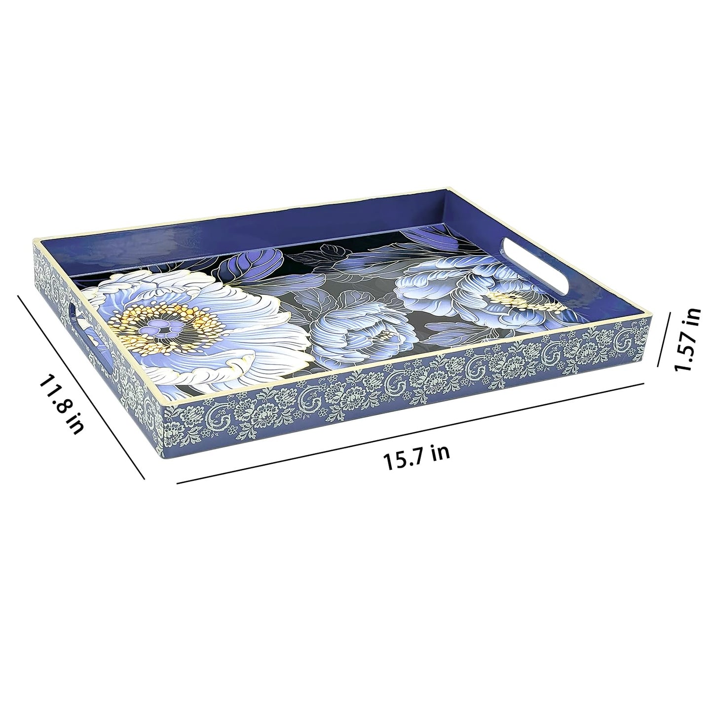 PDUHKO Serving Tray with Handles, 15.7 * 11.8 inches, Plastic Ottoman Tray with Exquisite Paintings, Trays for Coffee Table
