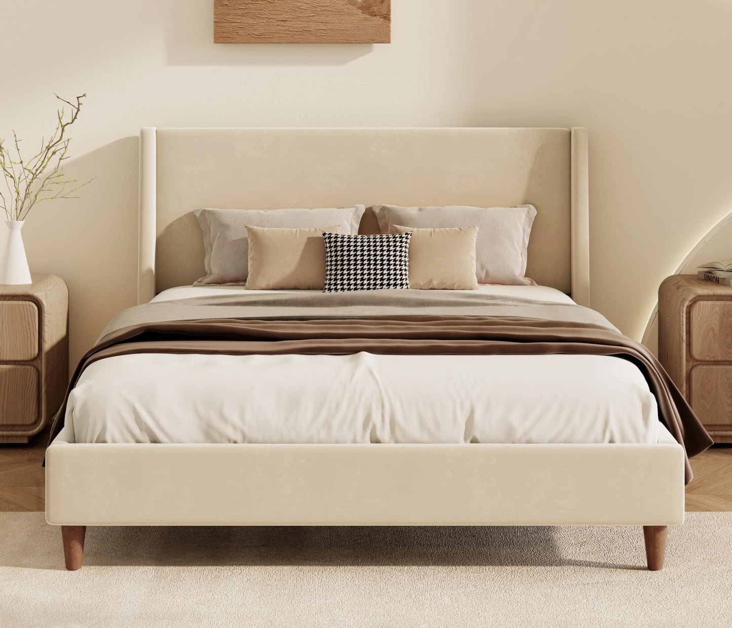 Merax Velvet Queen Size Bed Frame with Wingback Headboard, Solid Wood Upholstered Platform with Round Legs, No Box Spring Needed, Beige