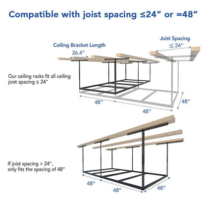 FLEXIMOUNTS 4x8 Overhead Garage Storage Rack without Decking, Storage Organization System, Heavy Duty Metal Garage Ceiling Racks, 600lbs Weight Capacity, Black, Lite Series
