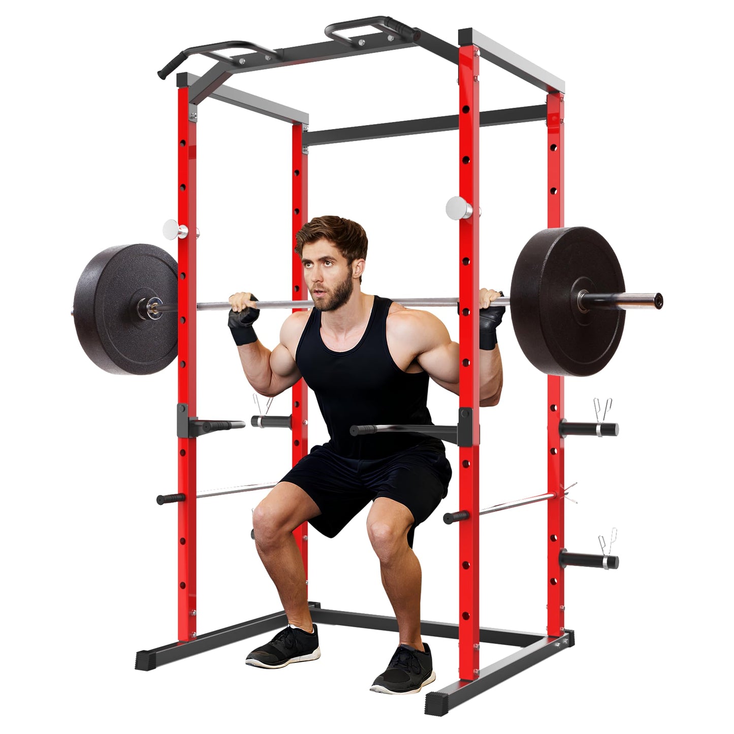 Garvee Power Cage, Squat Rack for Home Gym, 1100LB Capacity Power Rack with Pull-Up Bar, Adjustable Safety Bars, Strength Training for Home Gym, Red