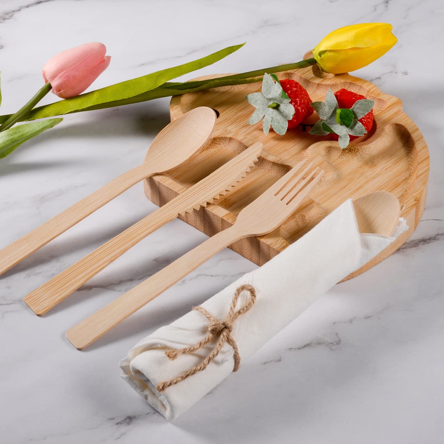 Pre Rolled Napkin and Bamboo Cutlery Set - 300Pack Bamboo Utensils/Compostable Cutlery(300 Forks, 300 Knives, 300 Spoons, 300 Napkins), Biodegradable Wrapped Cutlery for Party, Wedding, Events