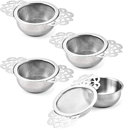 Vankcp 4 Set Tea Strainers with Drip Bowls, Loose Leaf Tea Strainers with Double Winged Handles Extra Fine Mesh Tea Infuser Brew Loose Leaf Tea, Spices, Seasonings