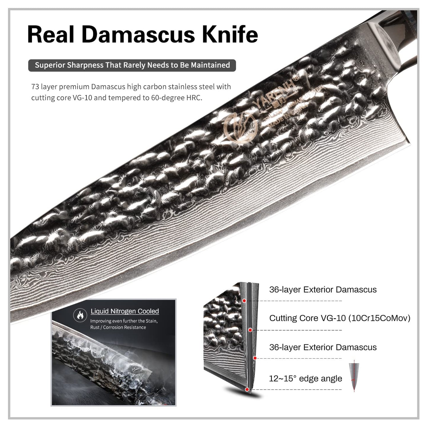 YARENH Chef Knife Set without Block, 5 Piece Professional Sharp Kitchen Knives,Damascus Stainless Steel, 73 Layers, Full Tang, Dalbergia Wood Handle, HTT Series