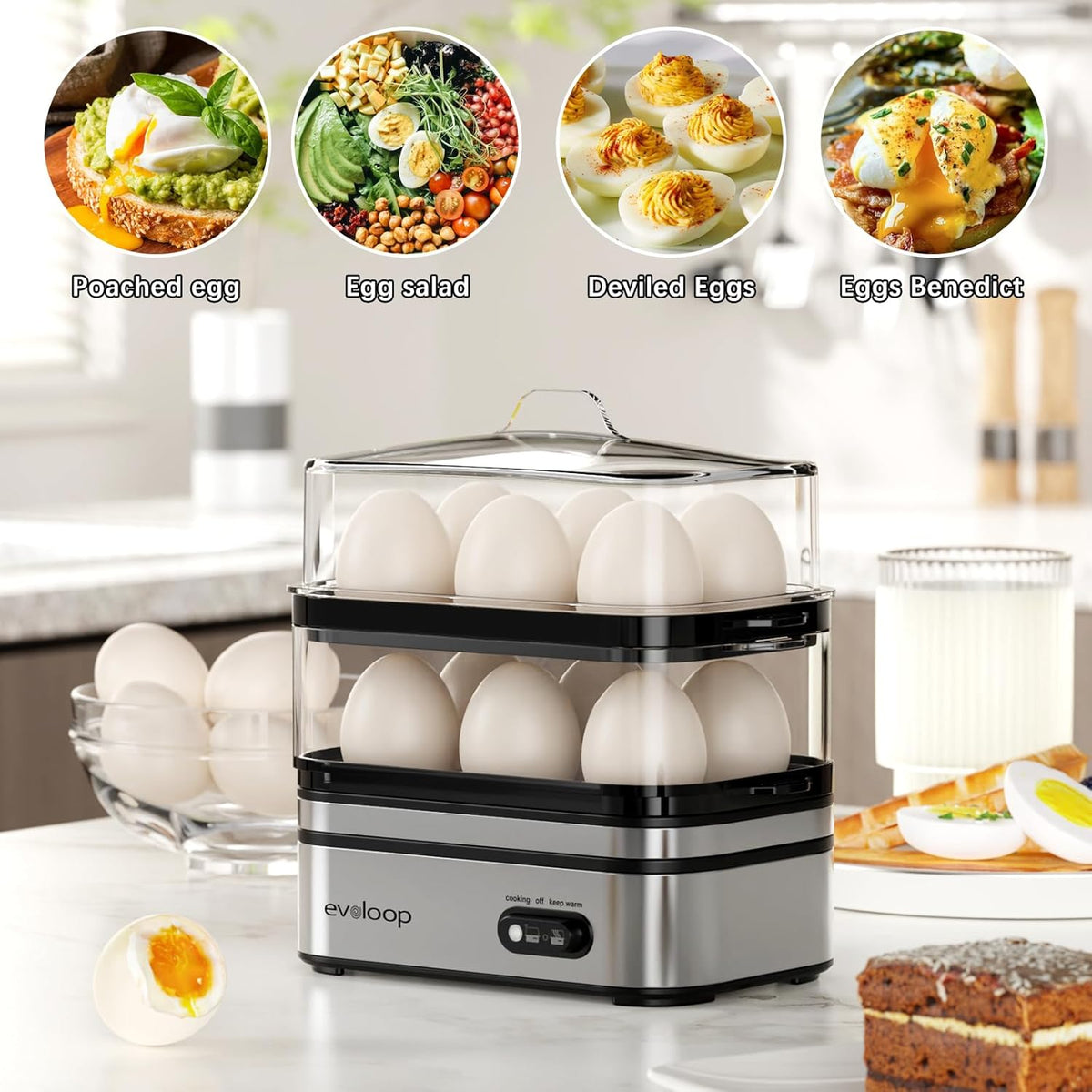 12 Evoloop Rapid Egg Cooker Electric Eggs Capacity, Soft, Medium, Hard Boiled, Poached, Omelet Maker Egg Poacher