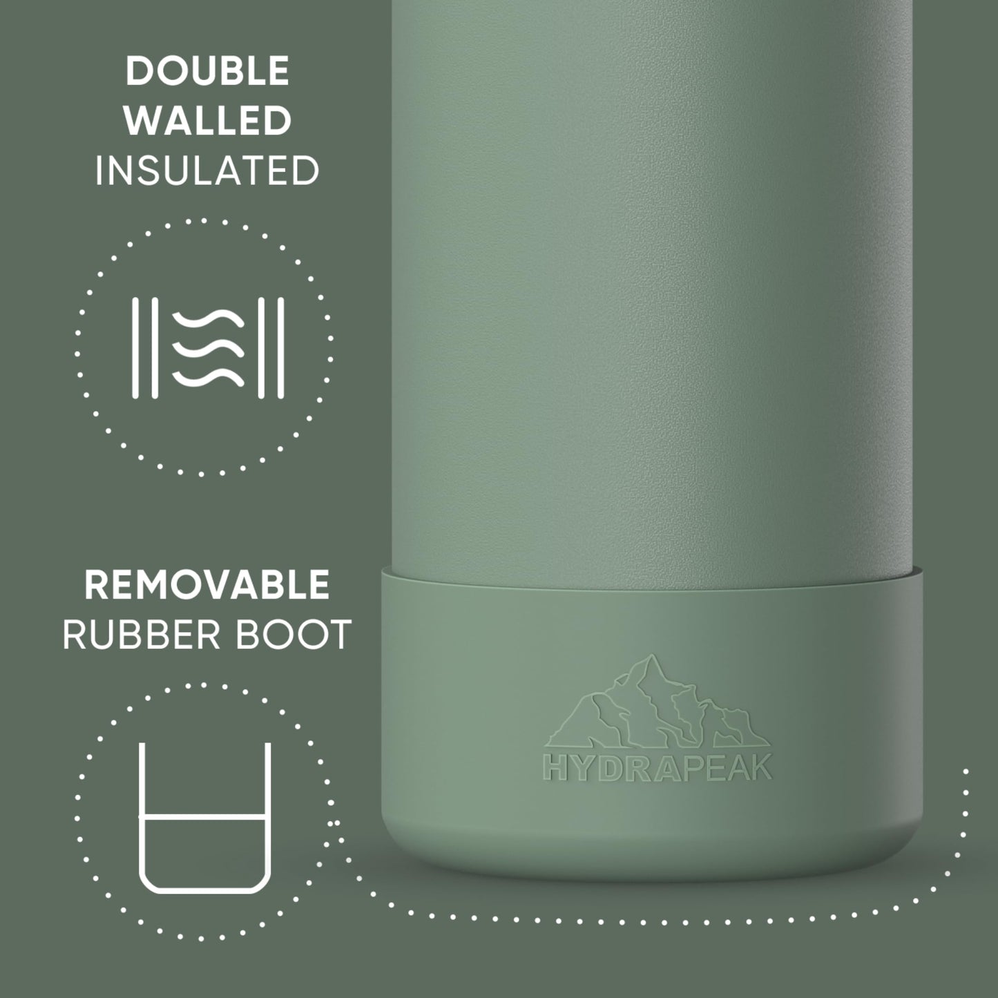 Hydrapeak 32oz Sport Insulated Water Bottle with Straw & Chug Lid, Leak & Spill Proof, Keeps Drinks Cold for 24 Hours, Hot for 12 Hours, Premium Stainless Steel Water Bottles (32oz, Sage Leaf)