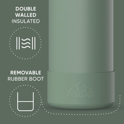Hydrapeak 32oz Sport Insulated Water Bottle with Straw & Chug Lid, Leak & Spill Proof, Keeps Drinks Cold for 24 Hours, Hot for 12 Hours, Premium Stainless Steel Water Bottles (32oz, Sage Leaf)