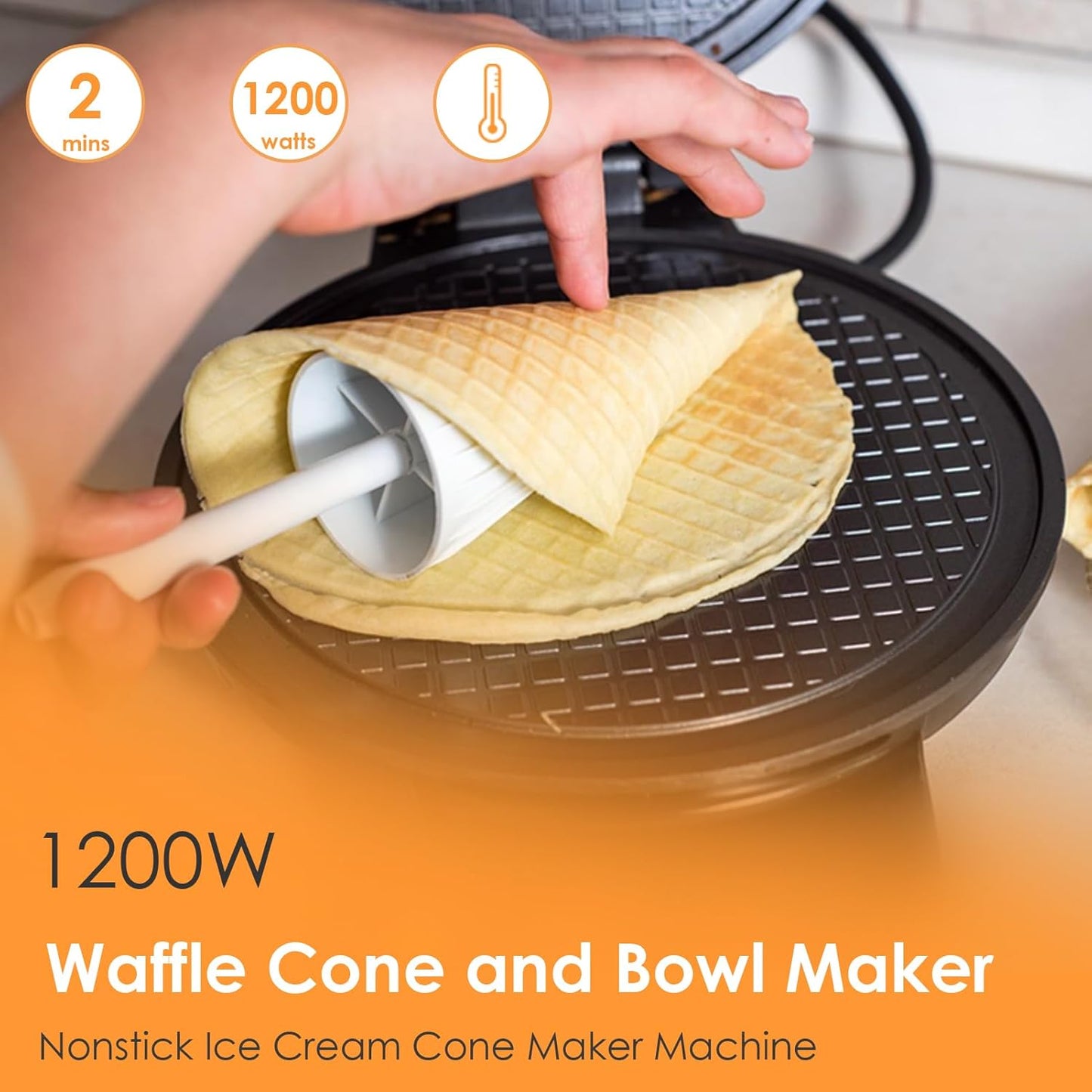 Mini Waffle Ice Cream Cone Maker, 1200W Electric Nonstick Waffler Iron for Homemade Ice Cream Cones