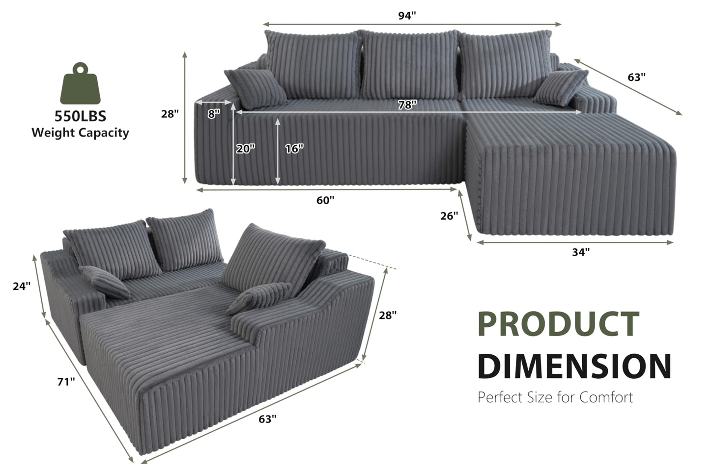 HABUTWAY 94'' Cloud Sectional Couch, Boneless Sofa with Deep Seat, Modular Comfy L-Shape Couch with Chaise for Living Room Bedroom, No Assembly Required(Grey,Right Facing Chaise)