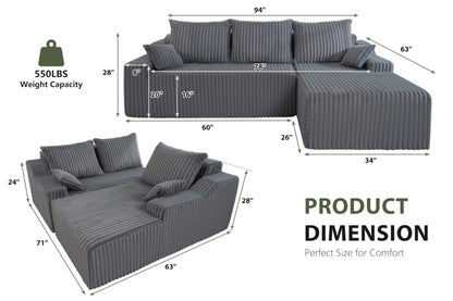 HABUTWAY 94'' Cloud Sectional Couch, Boneless Sofa with Deep Seat, Modular Comfy L-Shape Couch with Chaise for Living Room Bedroom, No Assembly Required(Grey,Right Facing Chaise)