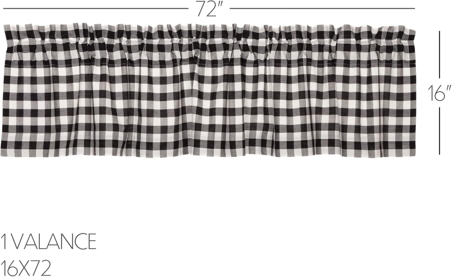 VHC Brands Annie Buffalo Check Cotton Farmhouse Kitchen Curtains - Rod Pocket 16x72 Valance, Black