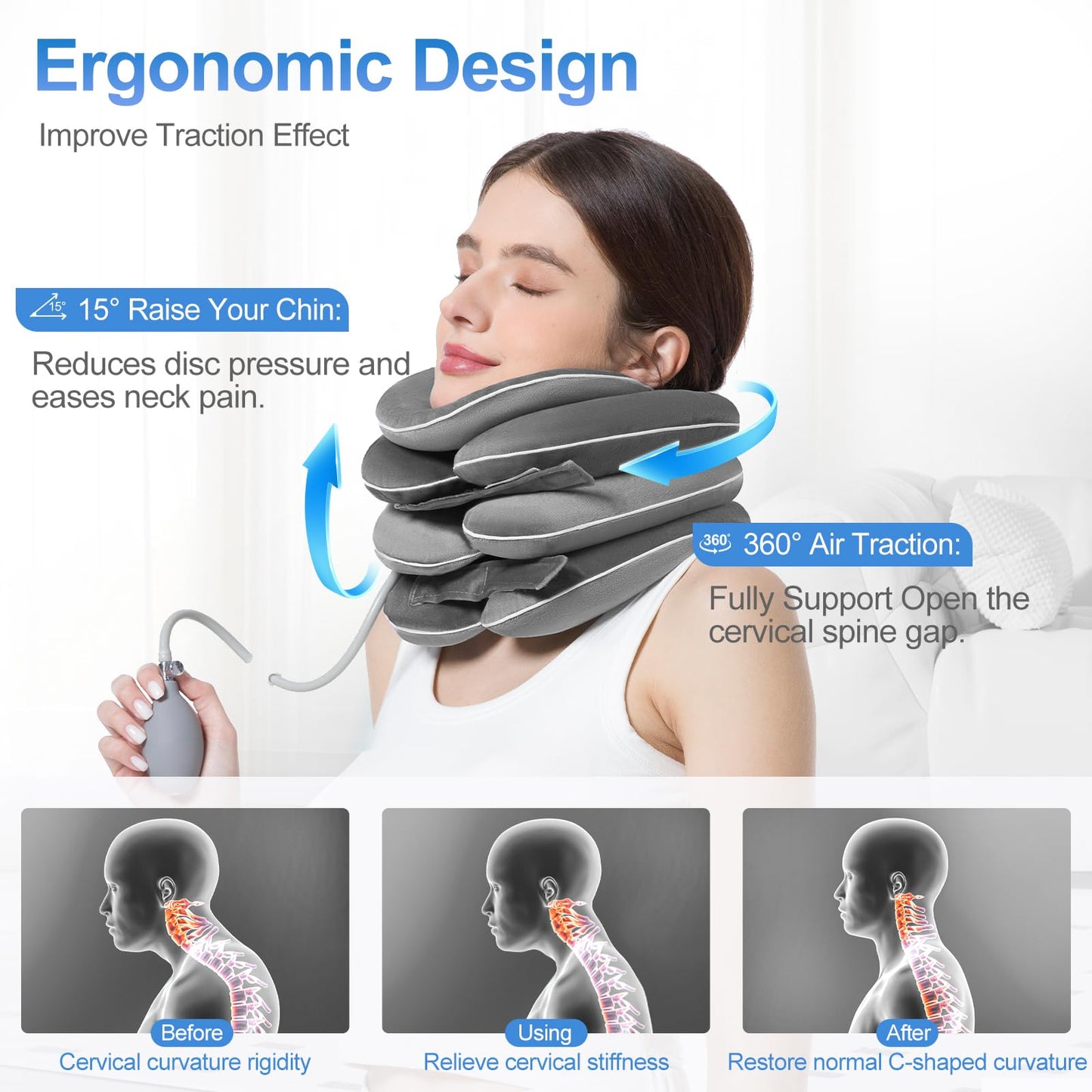 WellSync Inflatable & Adjustable Neck Traction Device with Neck Brace,Portable Cervical Traction Device for Instant Neck Pain Relief,Perfect for Home,Office,and Travel(Gray)