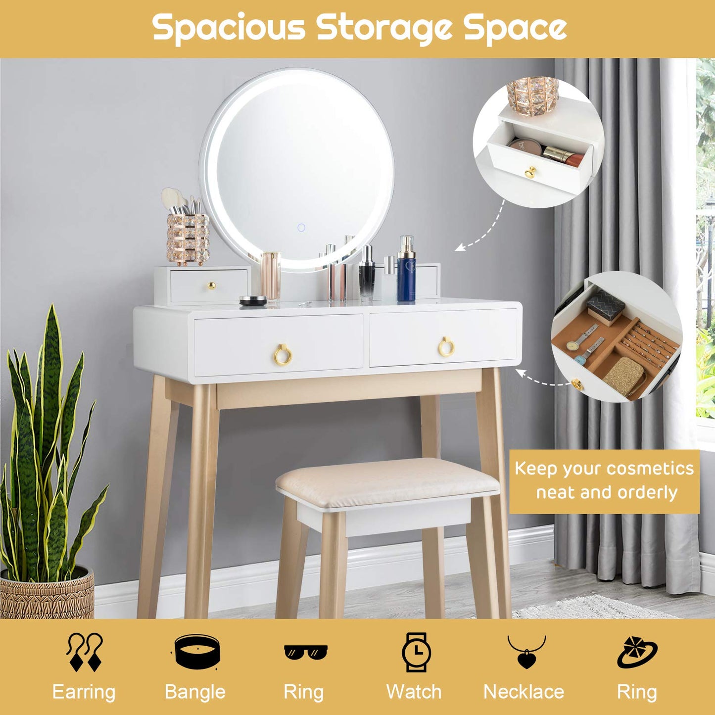 Nightcore Vanity Set, Makeup Vanity w/Round Lighted Mirror, Vanity Desk w/Cushioned Stool, 4 Drawers Modern Home Dressing Table for Girls & Women, White