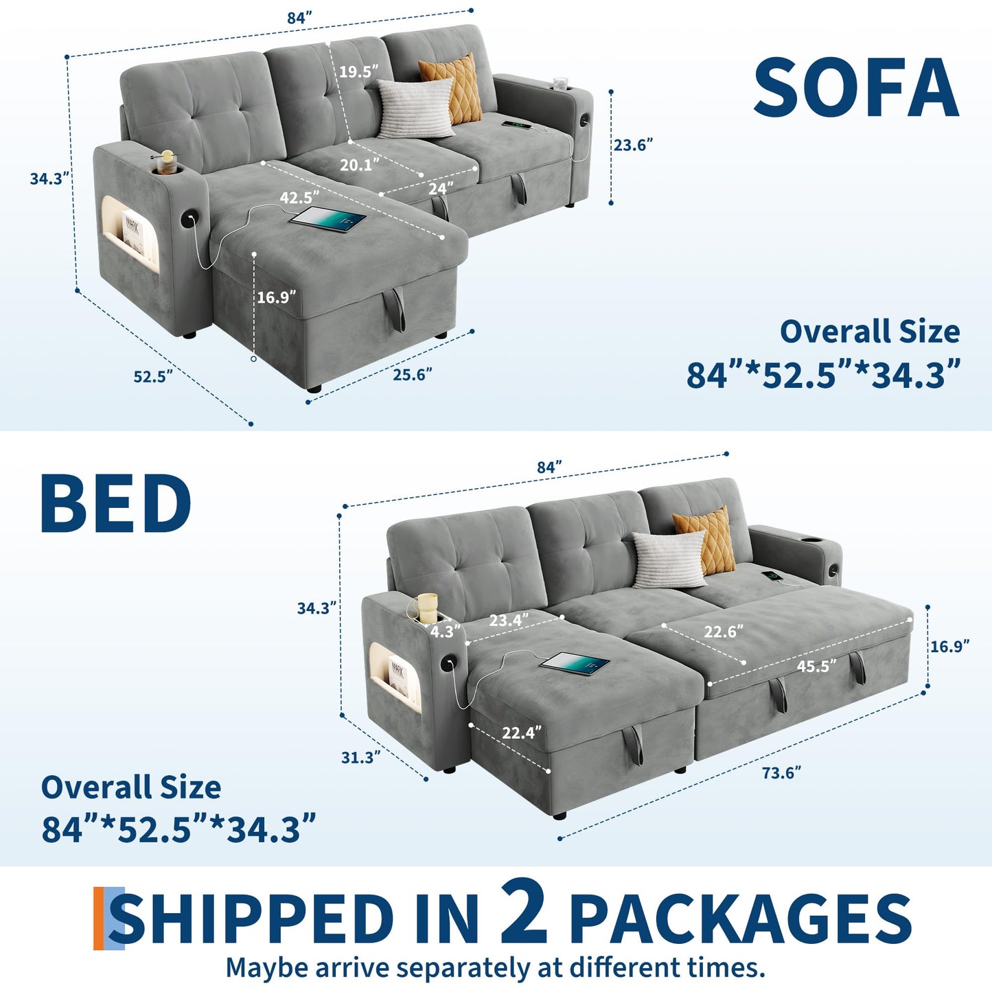 IDEALHOUSE 84" L Shaped Sleeper Sofa, Convertible Pull-Out Couch Bed with Storage & Charging Station, Sectional Sofa Bed with Cup Holder, Reversible Chaise for Living Room, Velvet, Light Gray
