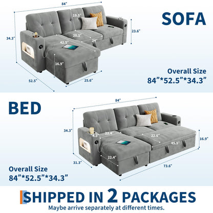 IDEALHOUSE 84" L Shaped Sleeper Sofa, Convertible Pull-Out Couch Bed with Storage & Charging Station, Sectional Sofa Bed with Cup Holder, Reversible Chaise for Living Room, Velvet, Light Gray