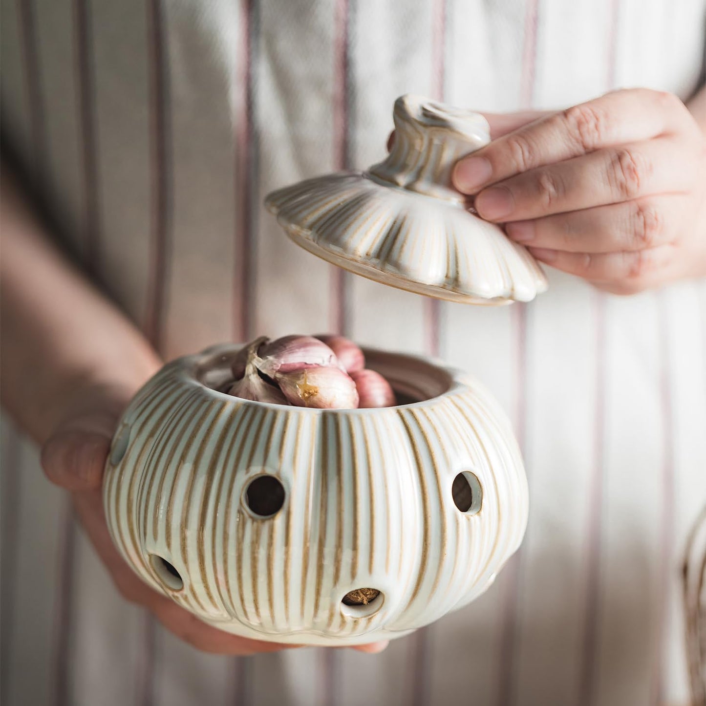 Cormomu Garlic Storage Pod Ceramic Garlic Keeper with Lid Large Garlic Container for Counter, White
