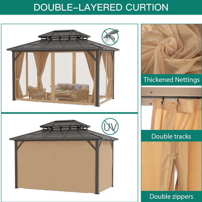 10x13 ft Permanent Aluminum Gazebo with Double-Layer PC Roof, Sturdy Metal Pavilion Canopy, All-Weather Outdoor Sunshade Structure with Retractable Curtains for Patio, Backyard, Garden, Deck