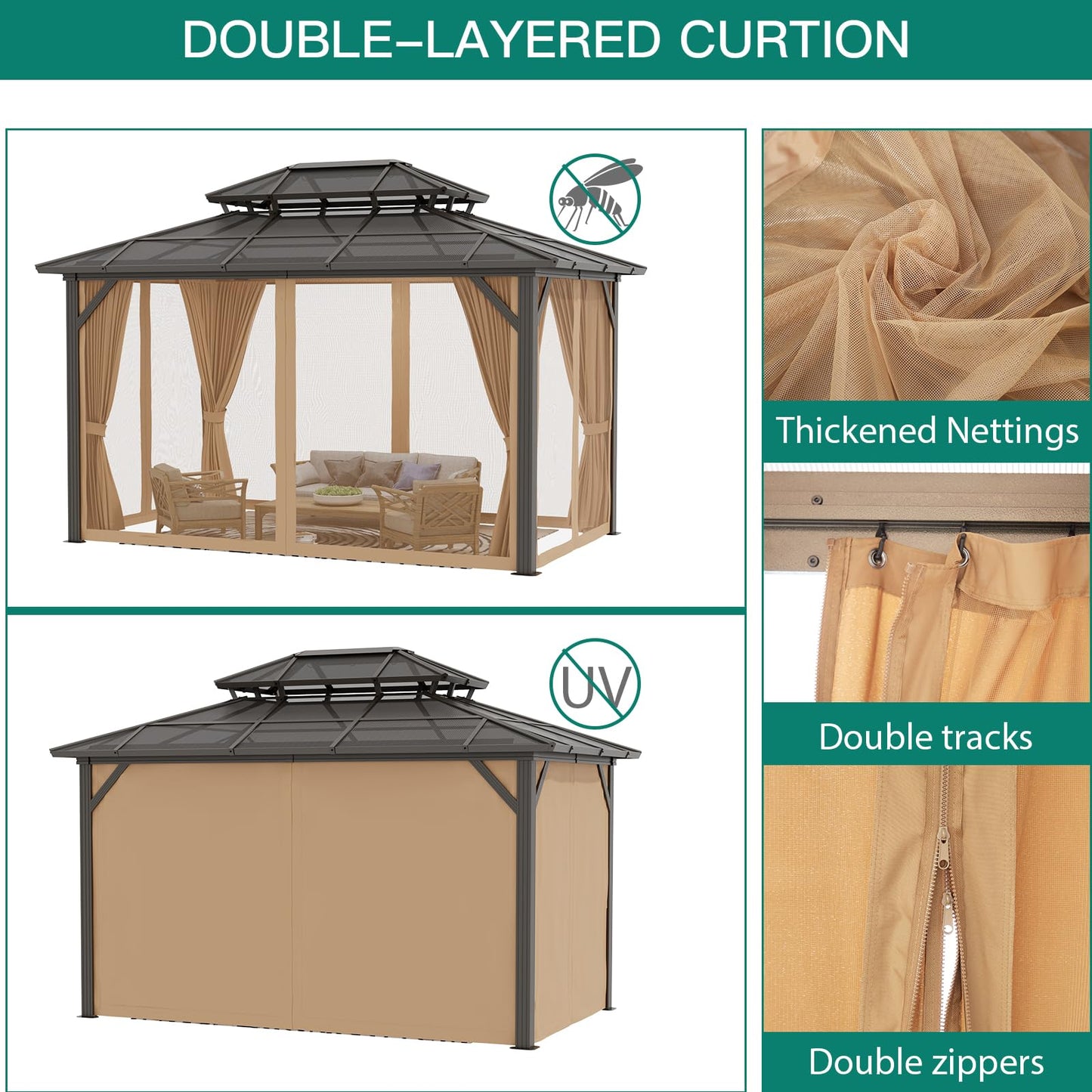 10'x13' Hardtop Gazebo, Outdoor Polycarbonate Double Roof Canopy, Aluminum Frame Permanent Pavilion with Curtains and Netting, Sunshade for Garden, Patio, Lawns (10x13ft)