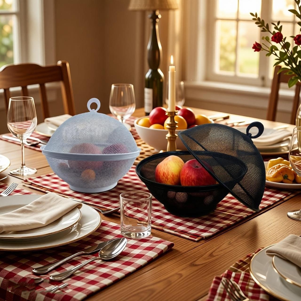 YELKPX Metal Mesh Fruit Bowl with Lid (Set of 2) - Fruit Fly Proof Kitchen Counter Storage Basket for Fruits, Vegetables, Bread - Black White Green Gray Options (Black & White)