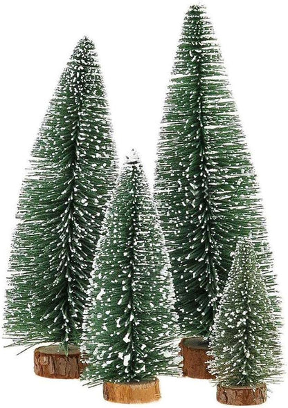 Skiennix Mini Christmas Tree - Small Pine Tabletop Decor with Wooden Base | Green - Set of 4