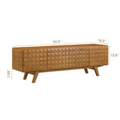 NTC Sapa Mid-Century Modern Solid Wood TV Stand 4-Door Media Console with Carved Geometric Fronts for TVs up to 75", Effortless Assembly, Teak Look