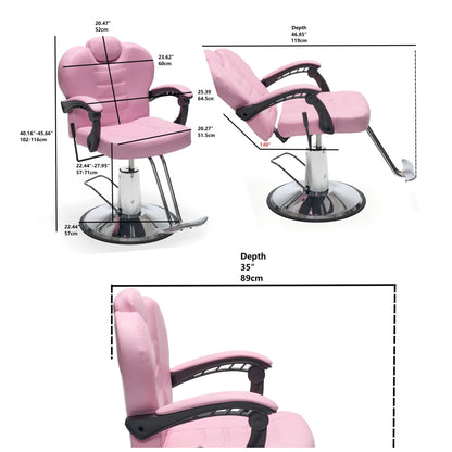 KEIKI Reclining Barber Chair for Barbershop, 90°-150° Adjustable Salon Styling Chair with Heavy Duty Hydraulic Pump, 360° Swivel PU Leather Hair Stylist Chair with Headrest & Footrest, Pink