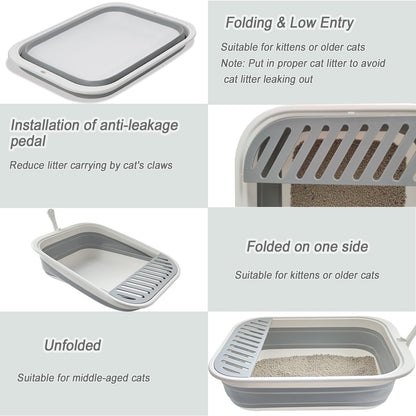 chuyouan Senior Cat Litter Boxes, Collapsible Open Low Entry Cat Litter Pan with Scoop Travel Cat Potty Pan Foldable Pet Toilet for Sick Disabled Older Elderly Cats Pink 20.9x15.7x5.7 inch