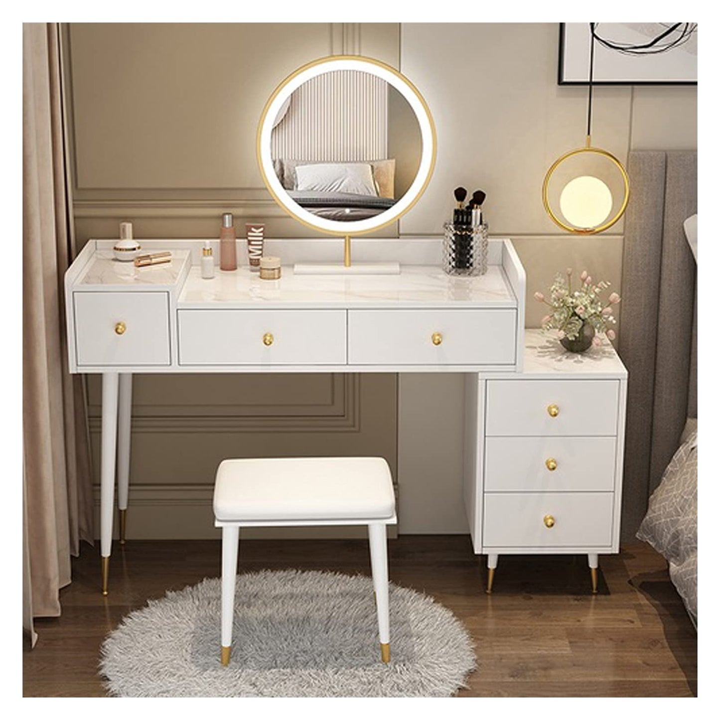 TOMYEUS Makeup Table Luxury Dressing Table Bedroom Modern Makeup Desk Storage Shelf Organizer Apartment Cabinet，Not Including Stool， White Vanity Desk