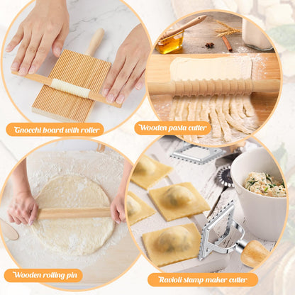 Tioncy 7 Pcs Pasta Making Tool Set Kitchen Gift for Mom, Wood Gnocchi Board with Ravioli Stamp Ravioli Maker Rolling Pin Gnocchi Garganelli Ltalian Pasta Tools for Beginners Mother's Day Home Cooks