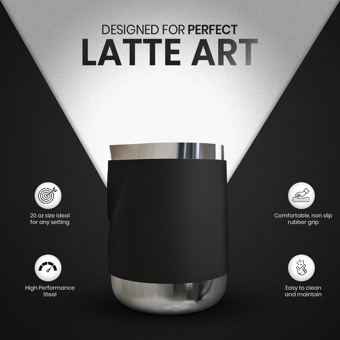 Rattleware 20 Oz Handle Free Latte Art Pitcher Stainless Steel with Rubber Grip Durable Heat Resistant Milk Frothing Pitcher for Baristas Home Cafes and Coffee Shops