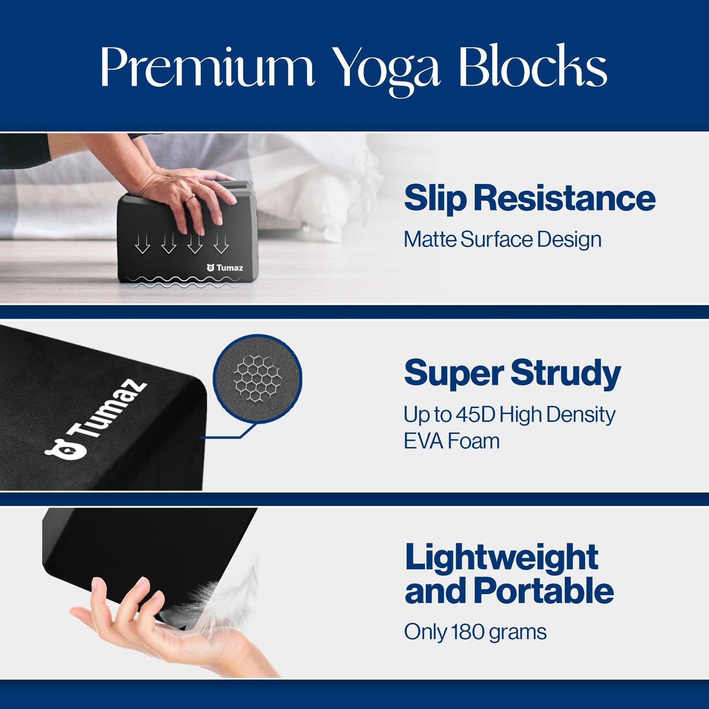 Tumaz Non-Slip Yoga Blocks 2-Pack - High Density/Lightweight EVA Foam & Natural Cork for Stability, Premium Set with E-Book Included
