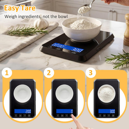 Letron Food Scale, 33 lb / 0.1 oz High Precision Kitchen Scale for Sourdough Bread, Built-in 7 Units, Timing & Tare Function, Rechargeable Digital Kitchen Scale for Food, Baking, Cooking