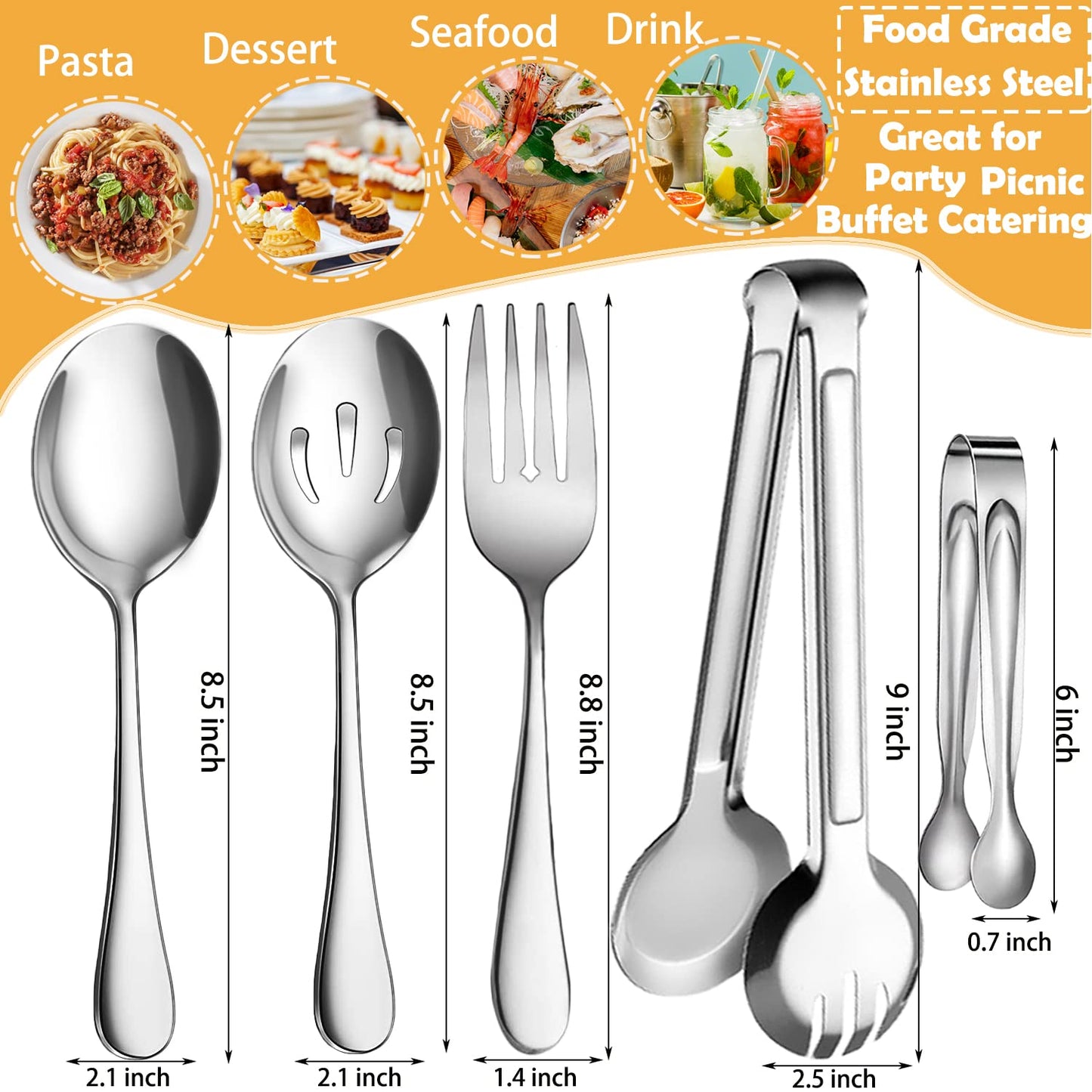 IAXSEE 10 PCS Stainless Steel Serving Utensils, Large Serving Spoons Slotted Spoons, Serving Forks, Serving Tongs, Ice Suger Tongs, Metal Utensils Set Great for Buffet Catering Banquet Party (silver)