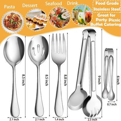 IAXSEE 10 PCS Stainless Steel Serving Utensils, Large Serving Spoons Slotted Spoons, Serving Forks, Serving Tongs, Ice Suger Tongs, Metal Utensils Set Great for Buffet Catering Banquet Party (silver)