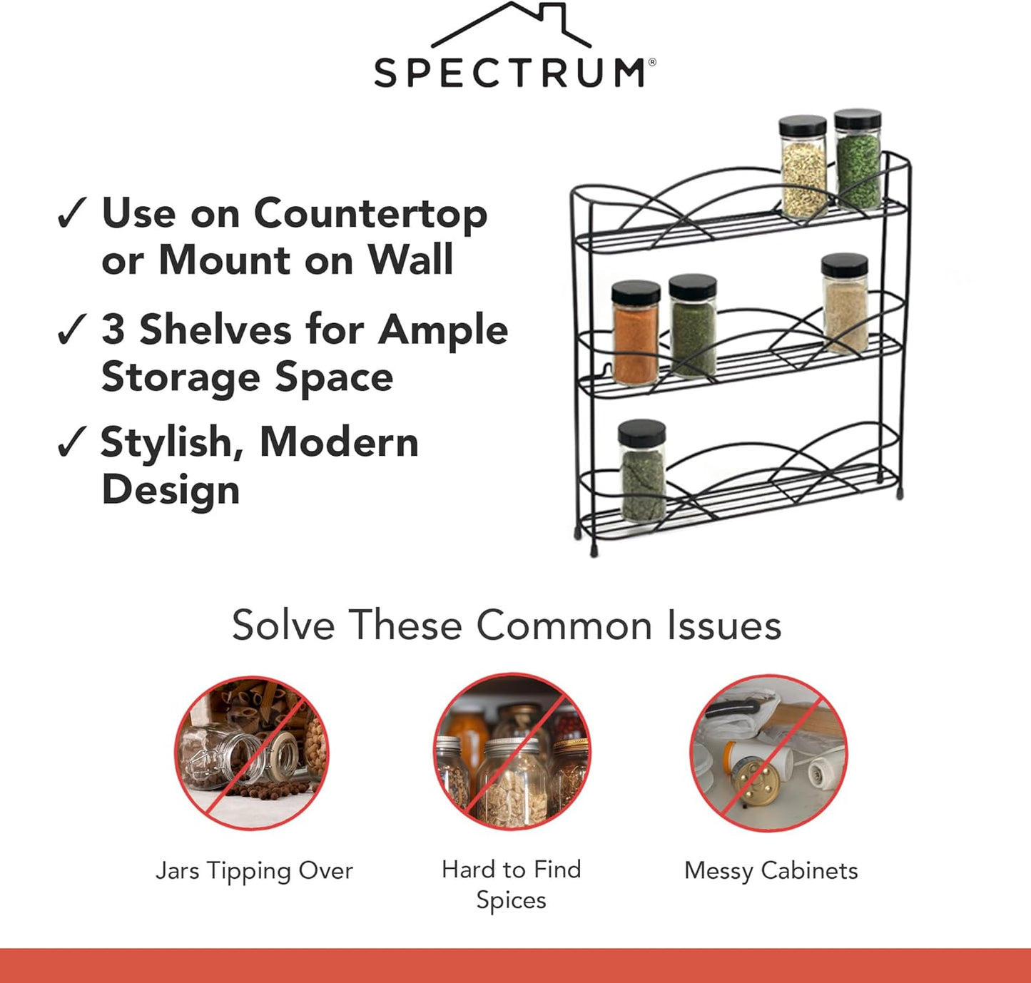 Spectrum Diversified 3-Tier Spice Rack Shelf Organizer for Kitchen, Pantry, Bathroom, or Closet, Black