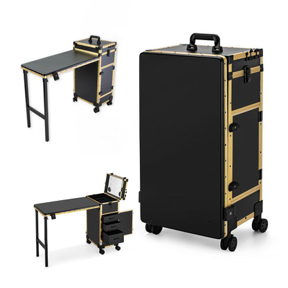 Gdsshuhung Portable Nail Desk with LED Mirror, Heavy Duty Foldable Manicure Table with 3 Drawers, Rolling Makeup Train Case Cosmetology Trolley on Wheels, Mobile Nail Tech Workstation (Gold)