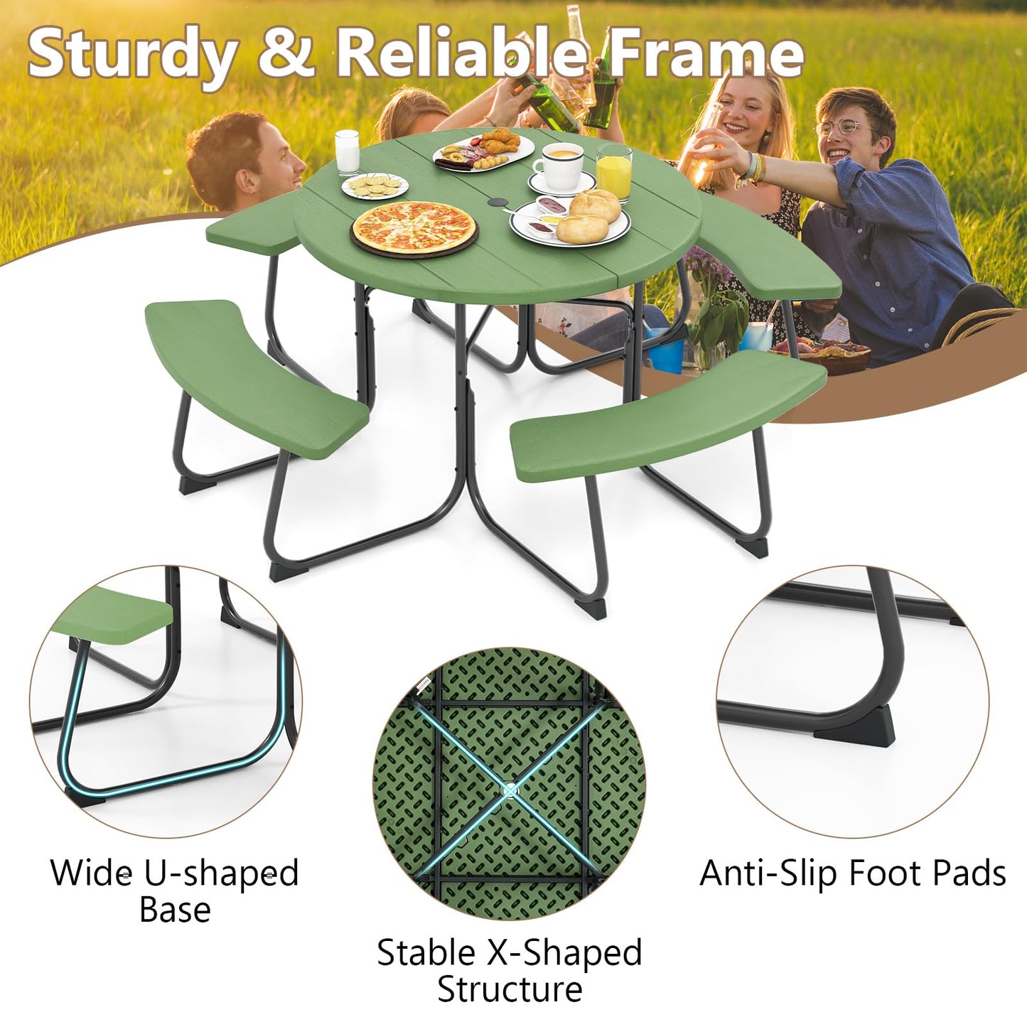 HAPPYGRILL 8-Person Picnic Table Bench Set with Umbrella Hole, 43” Outdoor Dining Table w/4 Benches, Wood-Like Texture Tabletop, Stable U-Shaped Base, Round Table for Backyards, Green