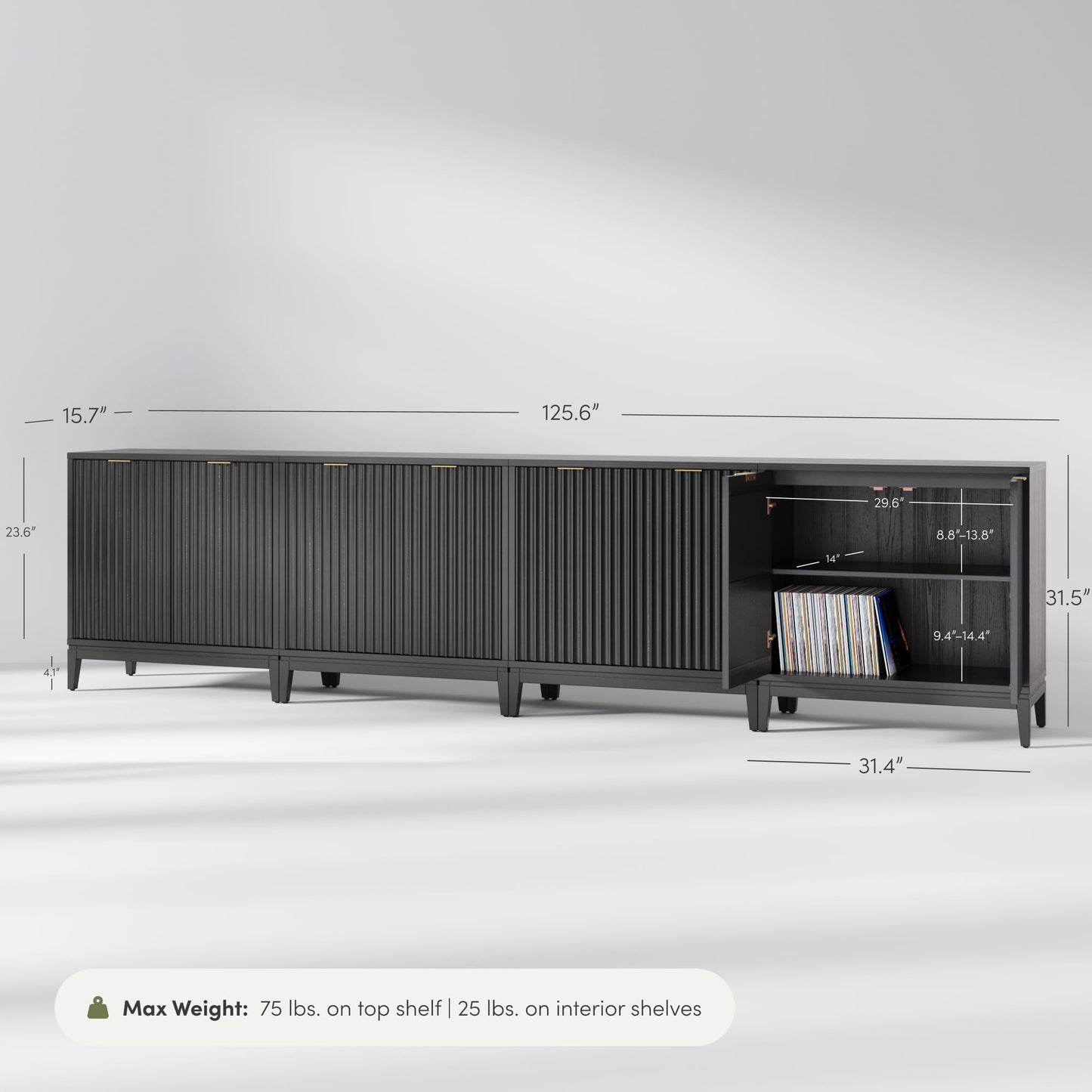 Nathan James Jasper Modern Sideboard, TV Stand with Fluted Doors, Accent Storage for Kitchen or Living Room, Black Oak, Set of 4