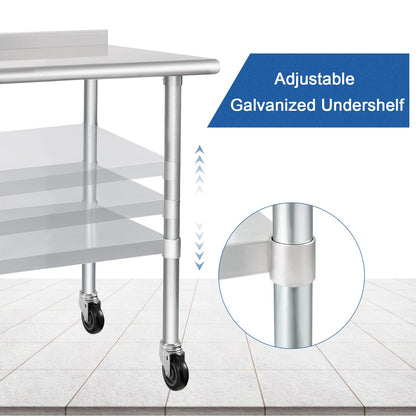 HARDURA Stainless Steel Table 30 x 48 Inches with Wheels Casters NSF Heavy Duty Commercial Prep Table with 2” Backsplash and Adjustable Undershelf for Restaurant Kitchen Home and Hotel